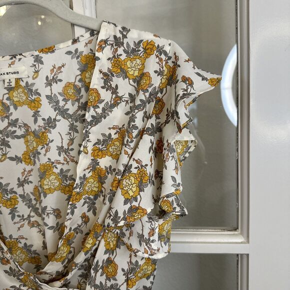 MAX STUDIO Yellow Floral Peplum Blouse Tie Waist Flutter Sleeve Womens S - Picture 8 of 13